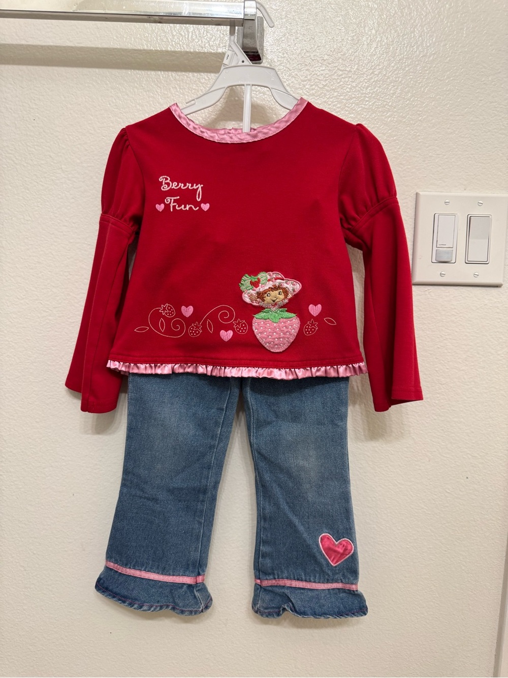 Girls Red "Berry Fun" Top with Denim Heart Jeans